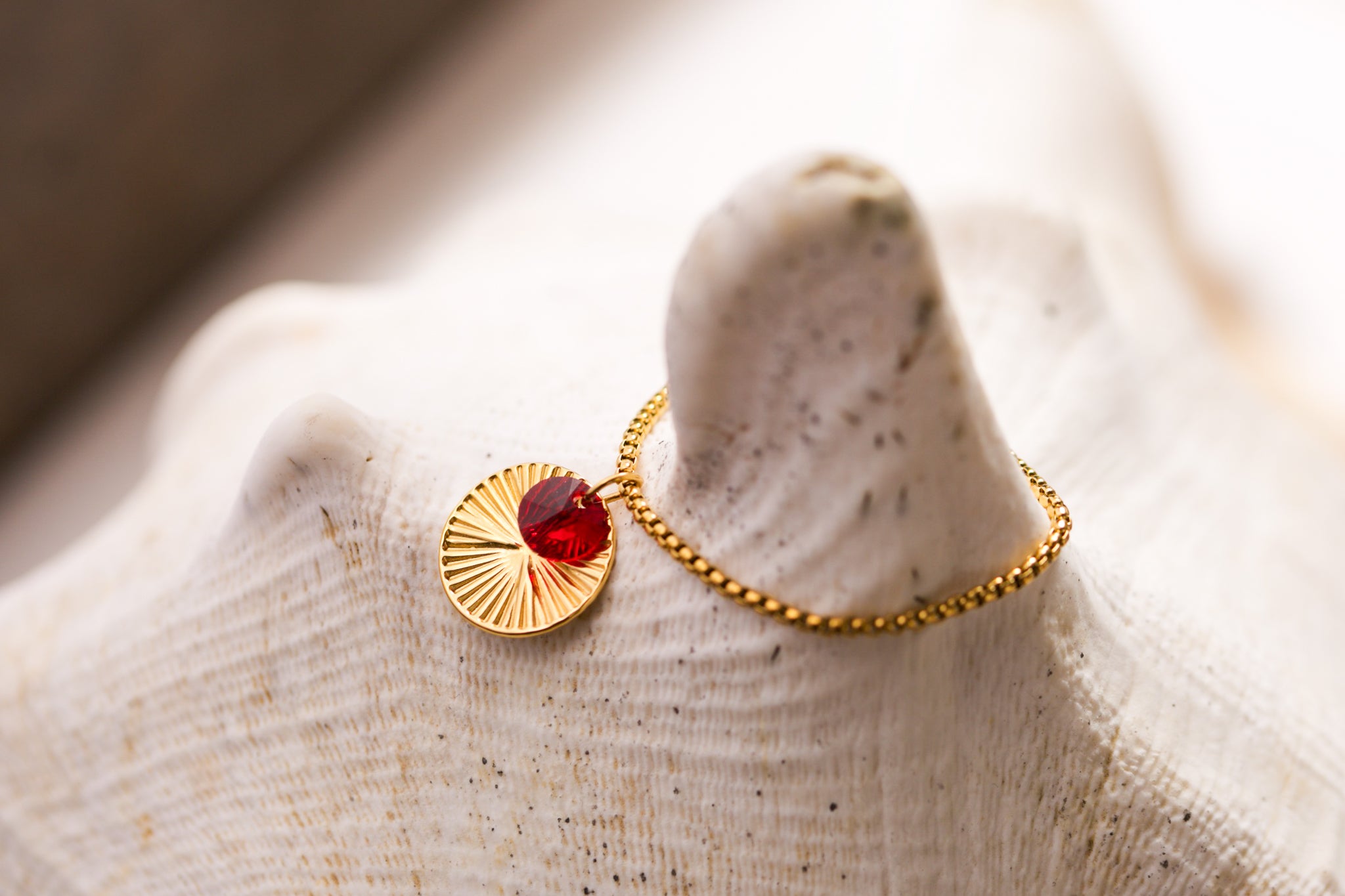 Gold necklace with a red pendant on a large shell surface