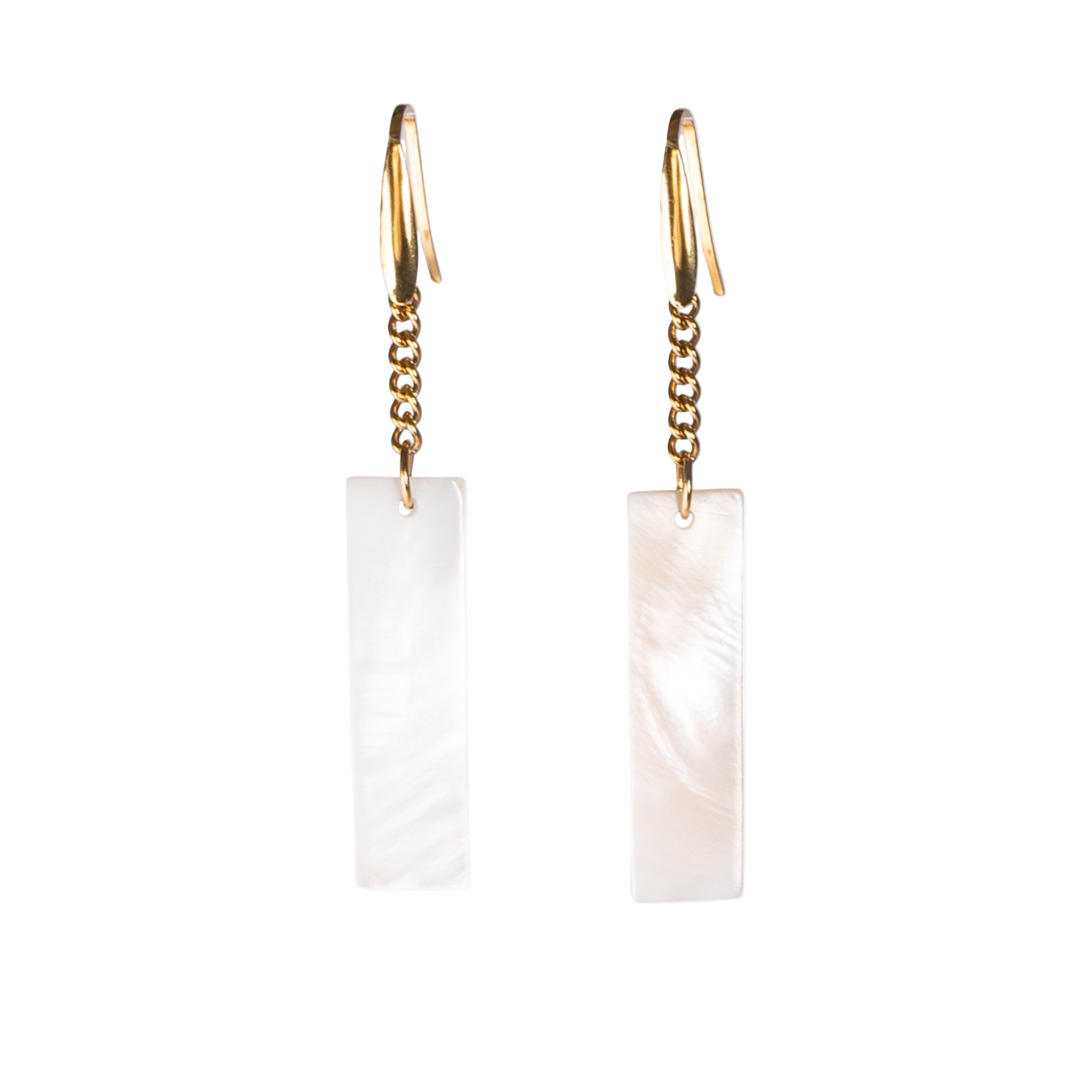 Gold hoop earrings with rectangular white stones on a white background